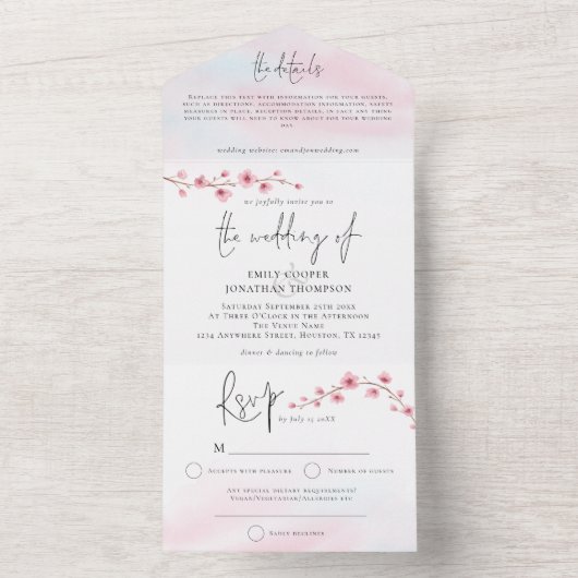 Sakura Cherry Blossom Waterverf Script Bruiloft All In One Uitnodiging (Binnen)