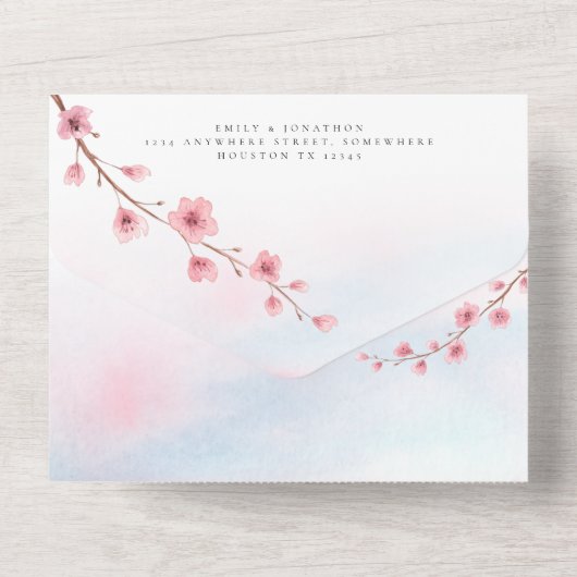 Sakura Cherry Blossom Waterverf Script Bruiloft All In One Uitnodiging (Achterkant)