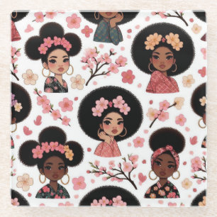 Sakura en Puffs - zwarte meisjes met afro puffs Glazen Onderzetter