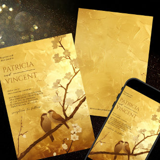 Sakura en Tortelduifjes op GOUDEN Bruiloft Kaart