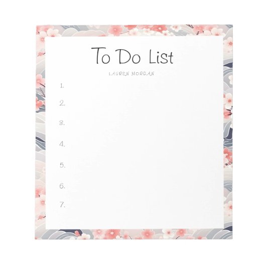 Sakura Floral Navy Waves To-Do lijst Notitieblok (Voorkant)