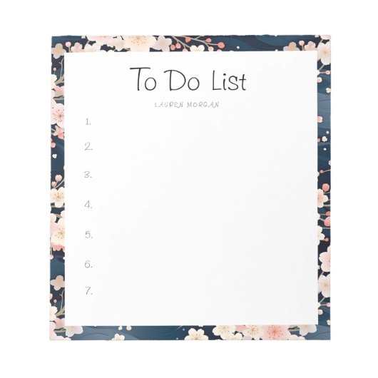Sakura Floral Navy Waves To-Do lijst Notitieblok (Voorkant)