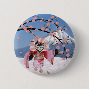 Sakura Geisha Vogel in de Sneeuw Kersenbloesem Ronde Button 5,7 Cm