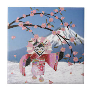 Sakura Geisha Vogel in de Sneeuw Kersenbloesem Tegeltje