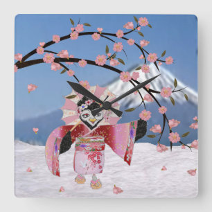 Sakura Geisha Vogel in de Sneeuw Kersenbloesem Vierkante Klok