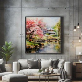 Sakura in Japanse tuin Foto Afdruk