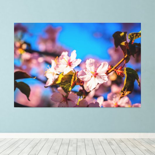 Sakura in roze en blauw canvas afdruk (Insitu (Houten vloer))