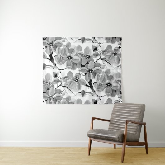 Sakura Japanse Cherry Tree Black en White Wandkleed (In Situ (horizontaal))