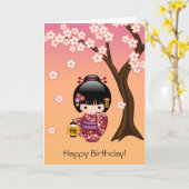 Sakura Kokeshi Doll Cute Japanese Geisha Birthday Kaart (Gele Bloem)