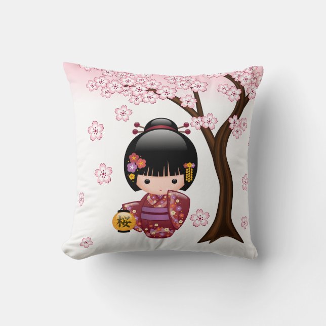 Sakura Kokeshi Doll - Cute Japanese Geisha Girl Kussen (Voorkant)