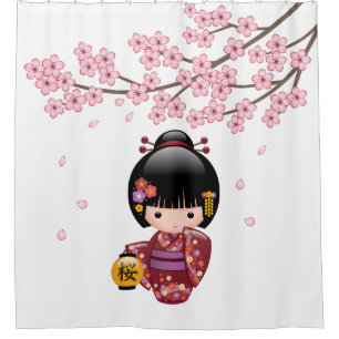 Sakura Kokeshi Doll Geisha Girl Cherry Blossom Douchegordijn