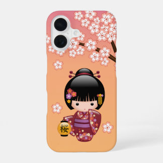 Sakura Kokeshi Doll - Geisha Girl on Peach iPhone 16 Hoesje
