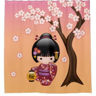 Sakura Kokeshi Doll Geisha Girl on Yellow Douchegordijn