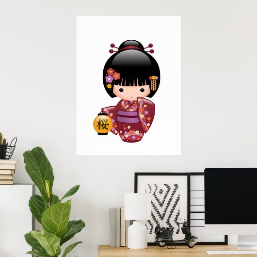 Sakura Kokeshi Doll - Geisha Girl op strand Poster (Thuiskantoor)