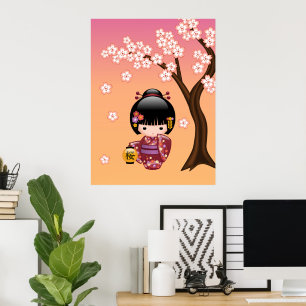 Sakura Kokeshi Doll - Geisha Girl op strand Poster