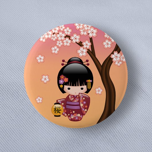 Sakura Kokeshi Doll - Geisha Girl op strand Ronde Button 5,7 Cm
