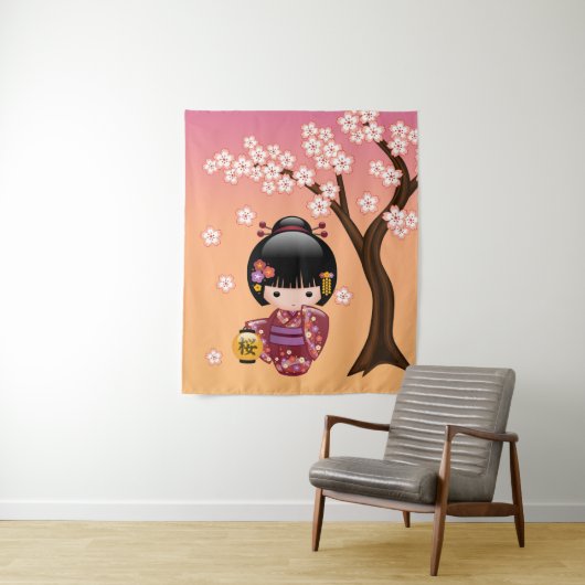 Sakura Kokeshi Doll - Geisha Girl op strand Wandkleed (In situ)