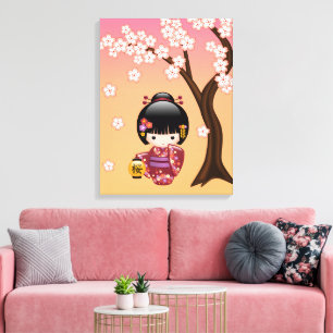 Sakura Kokeshi Pop - Geisha Meisje op Perzik Canvas Afdruk