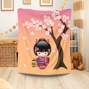 Sakura Kokeshi Pop - Geisha Meisje op Perzik Fleece Deken
