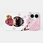 Sakura Kokeshi Pop - Schattige Japanse Geisha Meis iPhone 16 Hoesje (Achterkant horizontaal)