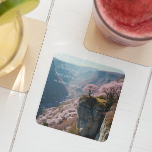 Sakura Mountain Valley Vista - Anime Landscape Vierkante Kartonnen Onderzetter