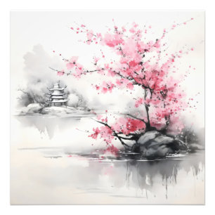 Sakura over Lake Ink Painting Foto Afdruk