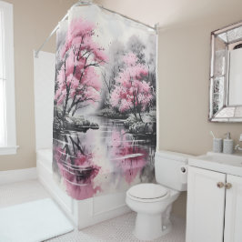 Sakura over River Ink Schilderen Douchegordijn