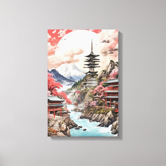 Sakura Serenity - Traditioneel Japans Landschap Canvas Afdruk (Voorkant)