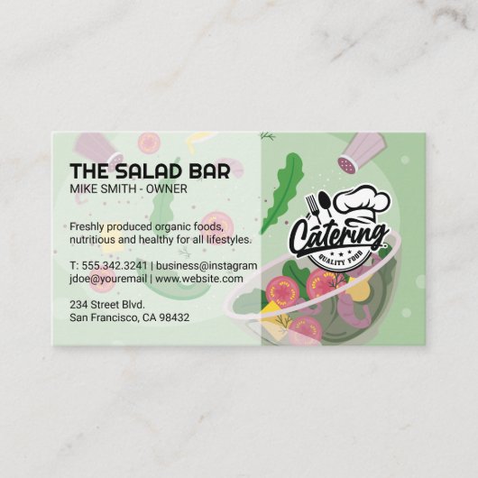 Salade wordt omgeroerd en gekruid | Catering Visitekaartje (Voorkant)
