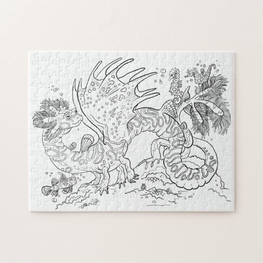 Salamandarin Zee Dragon Line Art Kleur uw eigen Legpuzzel (Horizontaal)