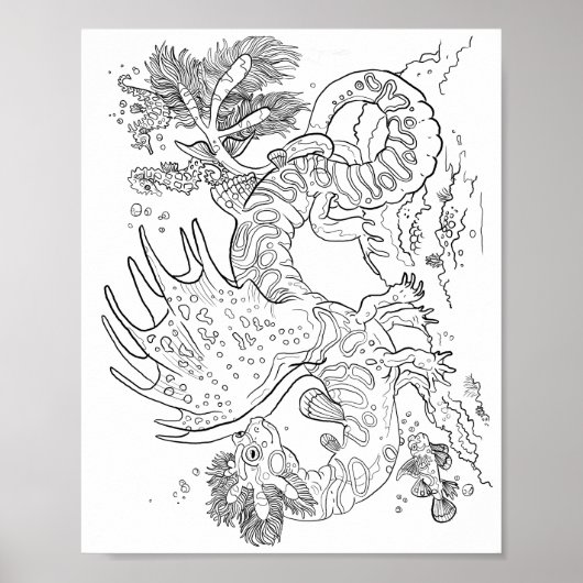 Salamandarin Zee Dragon Line Art Kleur uw eigen Poster (Voorkant)