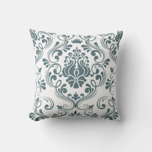 Salie Blauw en Wit Damast Bloempatroon Elegant Kussen