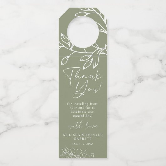 Salie Boho Bloemen Script Trouw Dank Je Wel Flessenhanger (Voorkant)