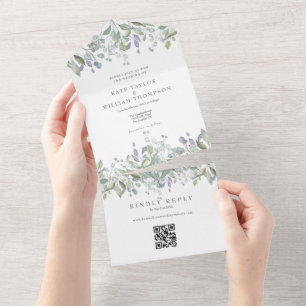 Salie en Sering Groene QR Code Monogram Huwelijk All In One Uitnodiging