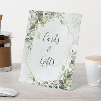 Salie gouden eucalyptus geometrisch huwelijkscadea reclamebord met voetstuk