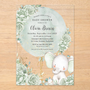 Salie Groen Bloemenolifant Neutraal Baby shower Acryl Uitnodigingen