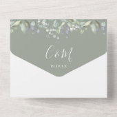 Salie groen bloemenscript monogram bruiloft all in one uitnodiging (Achterkant)