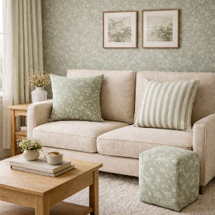 Salie groen bloemmotief, Boerderijstijl, Cottageco Kussen