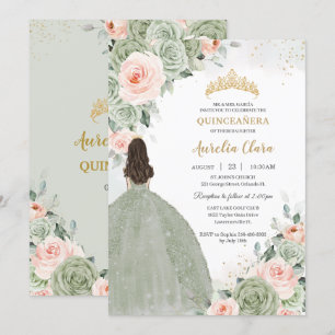 Salie Groen Blush Bloemen Goud Quinceañera Sweet 1 Kaart