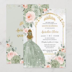 Salie Groen Blush Bloemen Goud Quinceañera Sweet 1 Kaart