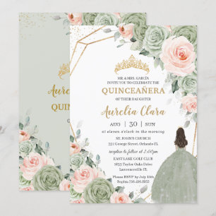 Salie Groen Blush Bloemen Goud Quinceañera Sweet 1 Kaart