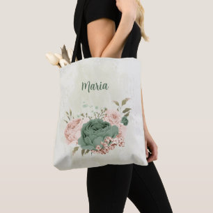 Salie groen blush roze bloemen draagtas