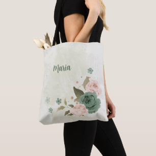 Salie groen blush roze bloemen draagtas