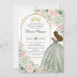 Salie Groen Blush Roze Bloemen Prinses Quinceañera Kaart