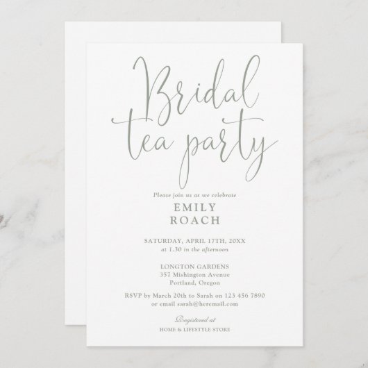 Salie Groen Elegante Script Bruiloft Thee Feest Bo Kaart (Voorkant / Achterkant)