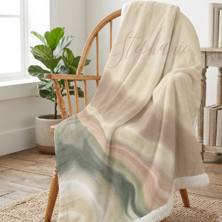 Salie Groen en Beige Abstracte Waterverf Naam Sherpa Deken