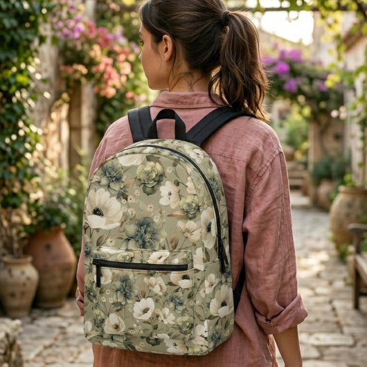 Salie groen en crème bloem bedrukte rugzak