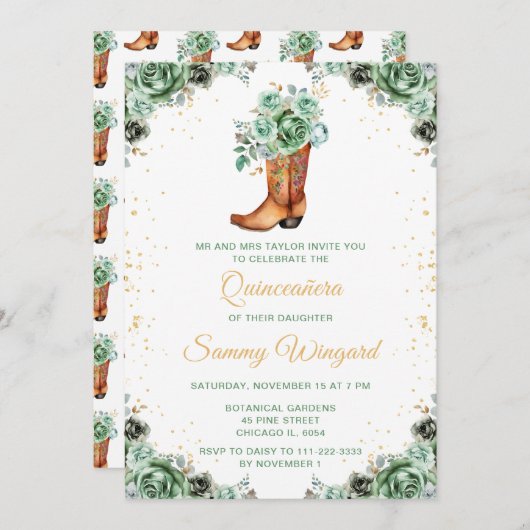 Salie Groen en Goud Bloemen Cowboy Boot Quinceañer Kaart (Voorkant / Achterkant)