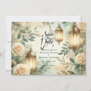 Salie groen en ivoor roze lantaarn save the date