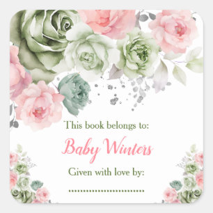 Salie groen en roze bloemige baby shower boekplaat vierkante sticker